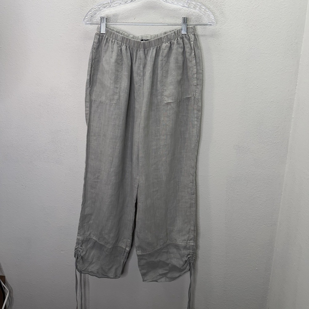 Fenini Cotton Linen Blend Gray Wide Leg Cropped Pants  Sz M Lagenlook Pull On